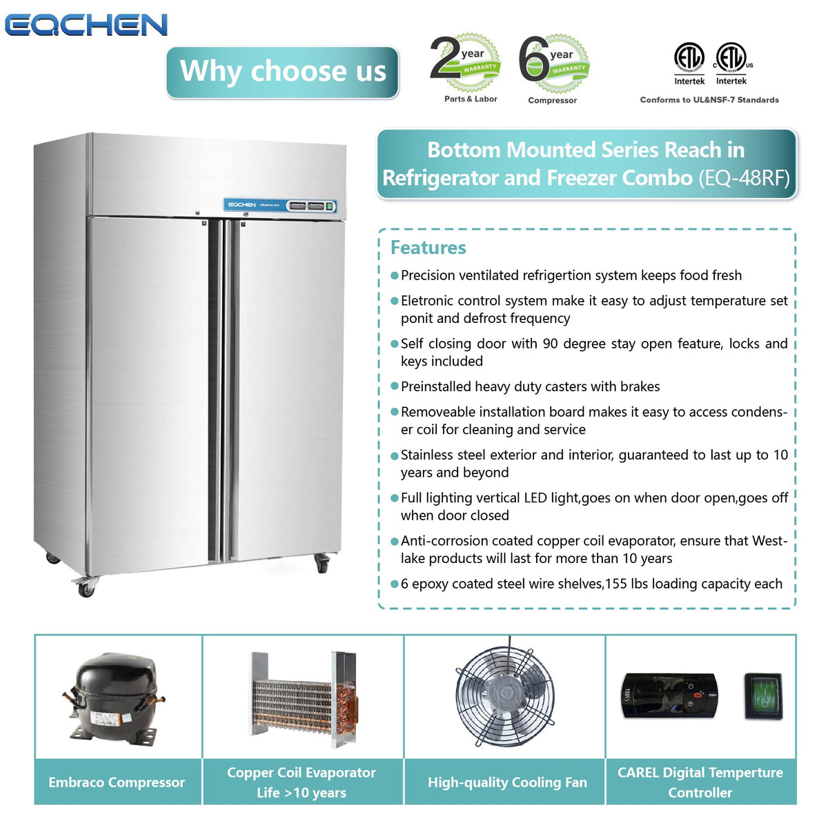 Commercial Reach In Fridge and Freezer Combo, EQCHEN 48" 2 Door Commercial Refrigerator and Freezer Combination