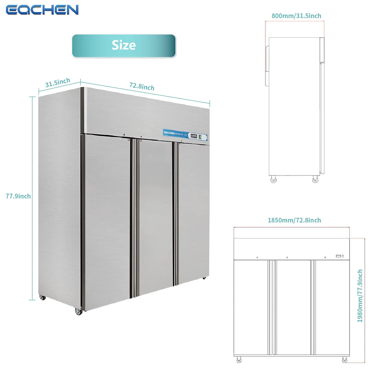 Commercial Reach In Fridge and Freezer Combo, EQCHEN 72" 3 Door Commercial Refrigerator and Freezer Combination