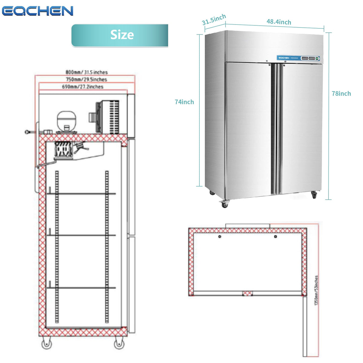Commercial Reach In Fridge and Freezer Combo, EQCHEN 48" 2 Door Commercial Refrigerator and Freezer Combination