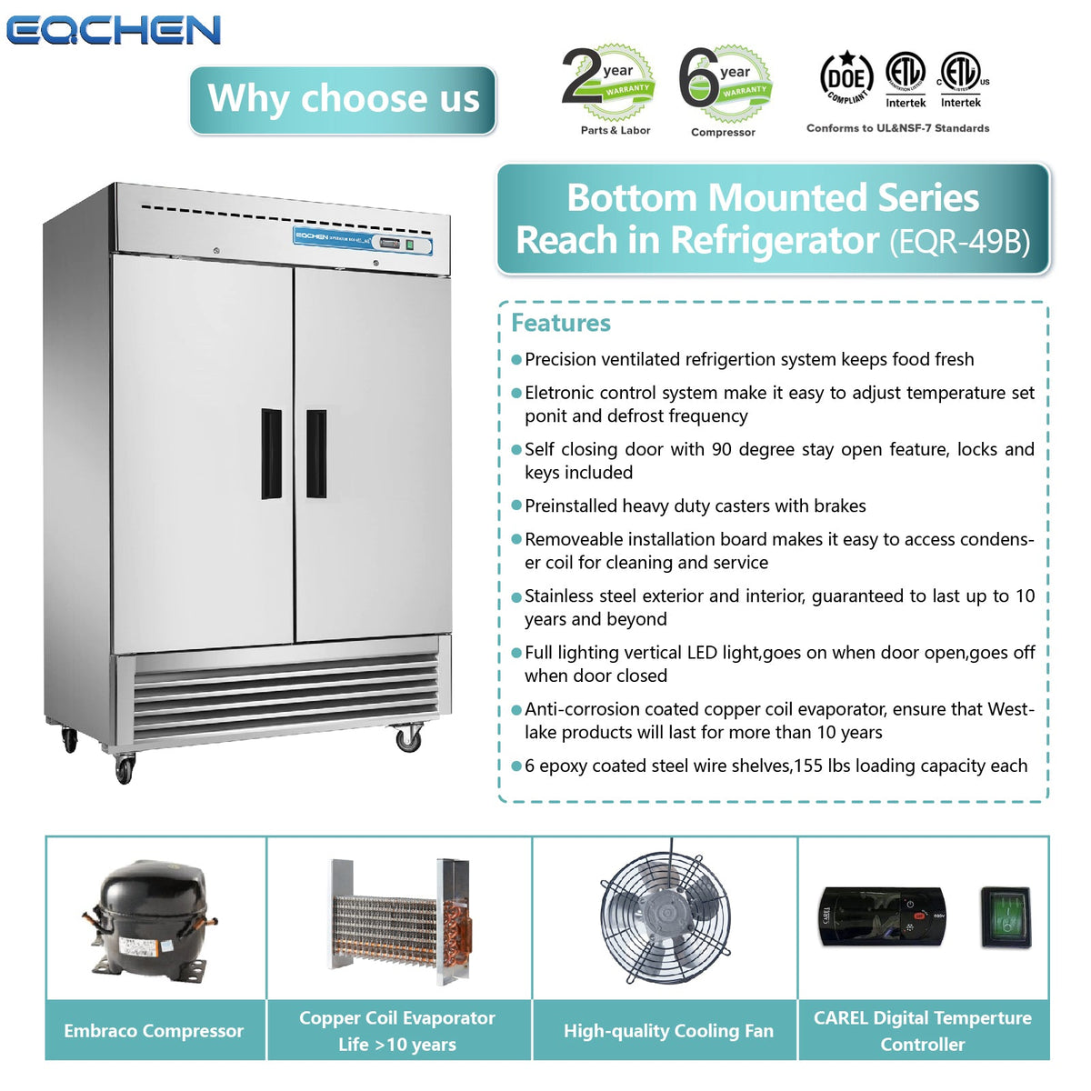 Commercial Reach in Fridge, 2 door 49Cu.ft Stainless Steel Commercial Reach in Upright refrigerator