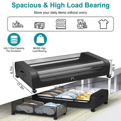 Under-Bed Storage Drawer with Wheels Multipurpose with Clear Window & Label