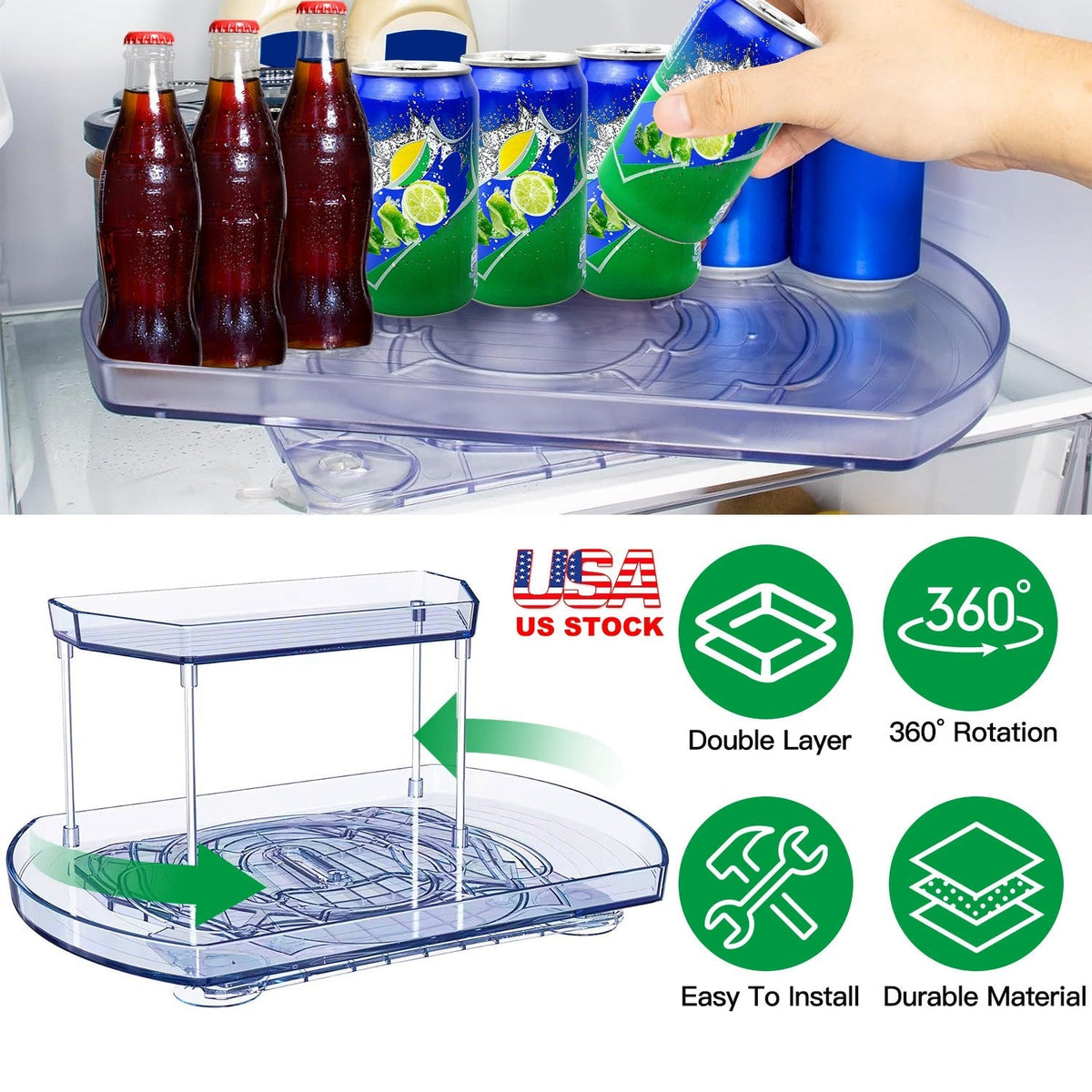 2 Tier Turntable Organizer Rectangular Refrigerator Spinner Storage Rack with 360¡ Rotatable Slide Rail for Kitchen Cabinet Countertop