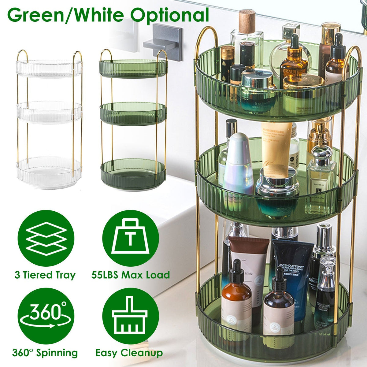 3 Tier Rotating Makeup Organizer 360¡ Spinning Perfume Cosmetic Storage Tray 55LBS Load Countertop Shelves for Lotion Lipstick