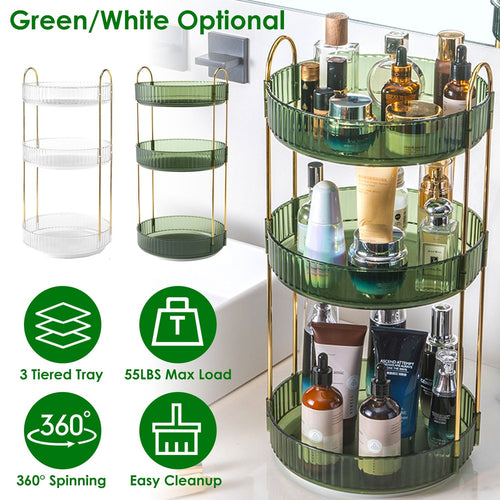 3 Tier Rotating Makeup Organizer 360¡ Spinning Perfume Cosmetic Storage Tray 55LBS Load Countertop Shelves for Lotion Lipstick
