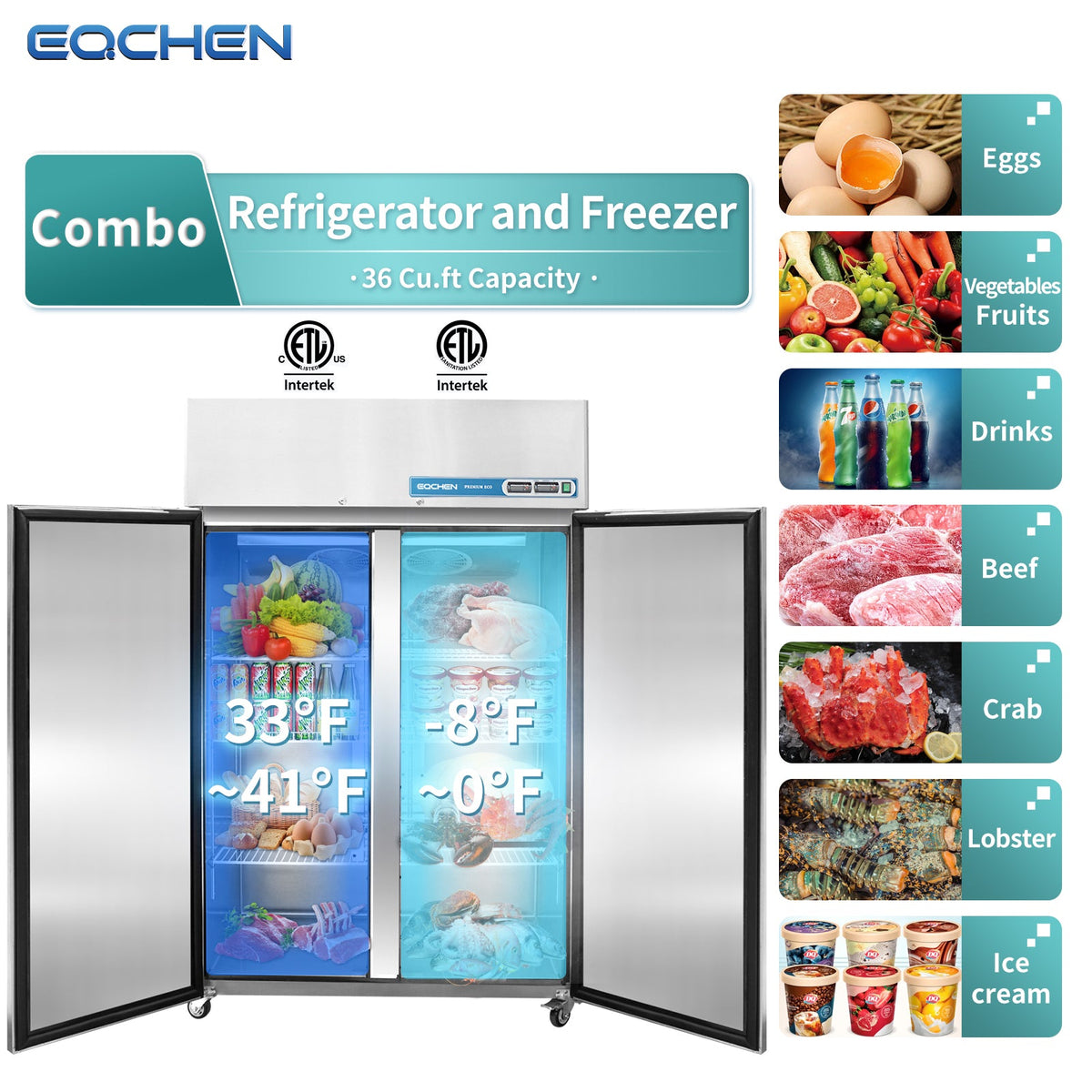 Commercial Reach In Fridge and Freezer Combo, EQCHEN 48" 2 Door Commercial Refrigerator and Freezer Combination