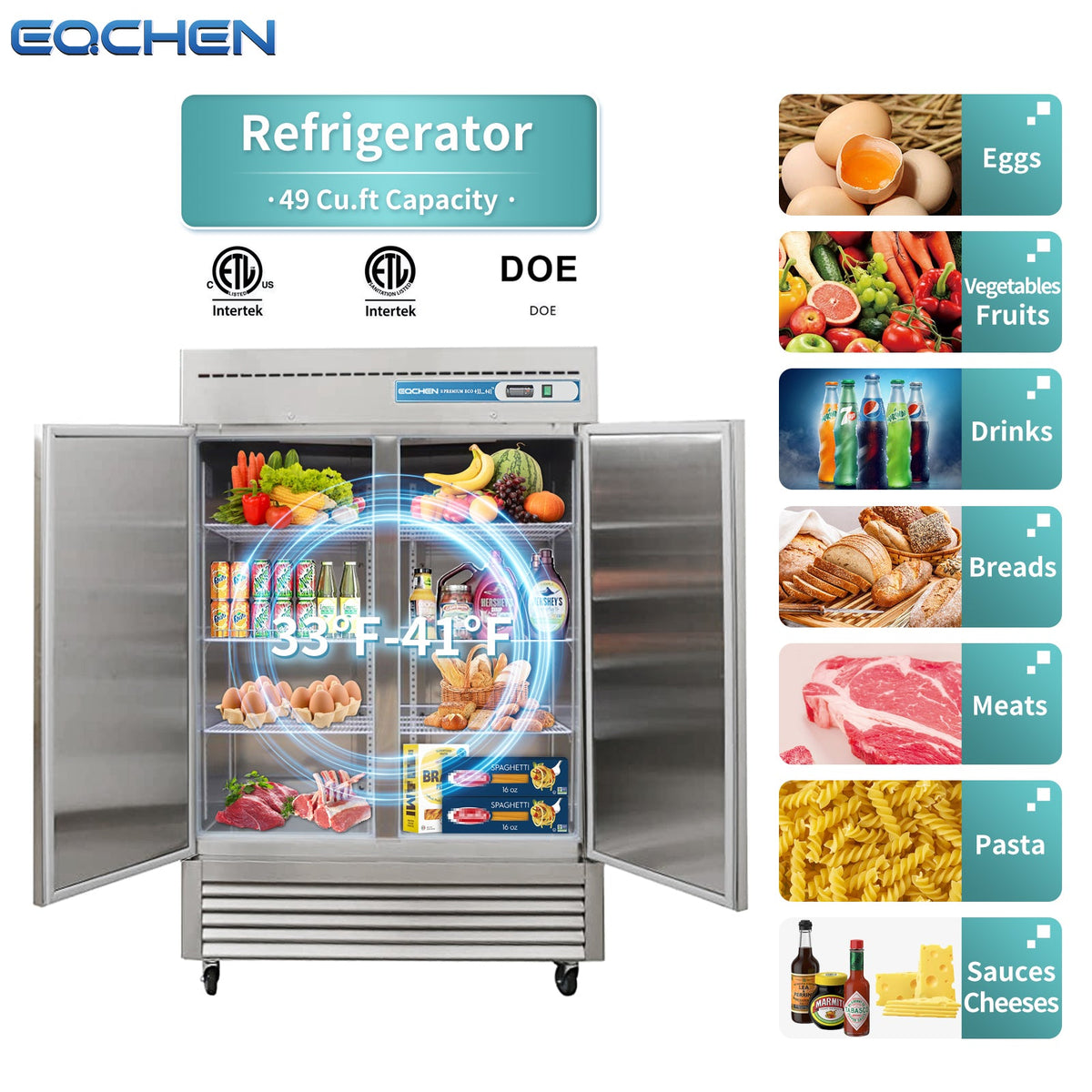 Commercial Reach in Fridge, 2 door 49Cu.ft Stainless Steel Commercial Reach in Upright refrigerator