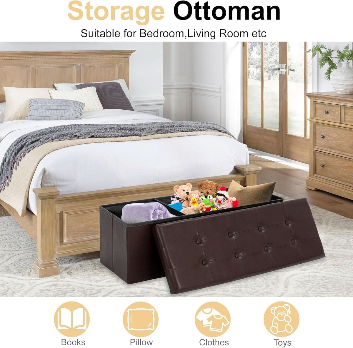 Forty Three Inches Folding Storage Ottoman Bench Brown Leather