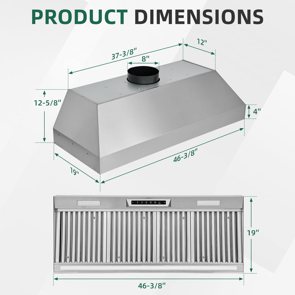 Nauxus 48" Built-In Range Hood Insert – 1200 CFM Stainless Steel Hood with Touch & Gesture Control, 3CCT LED & LED Night Lights