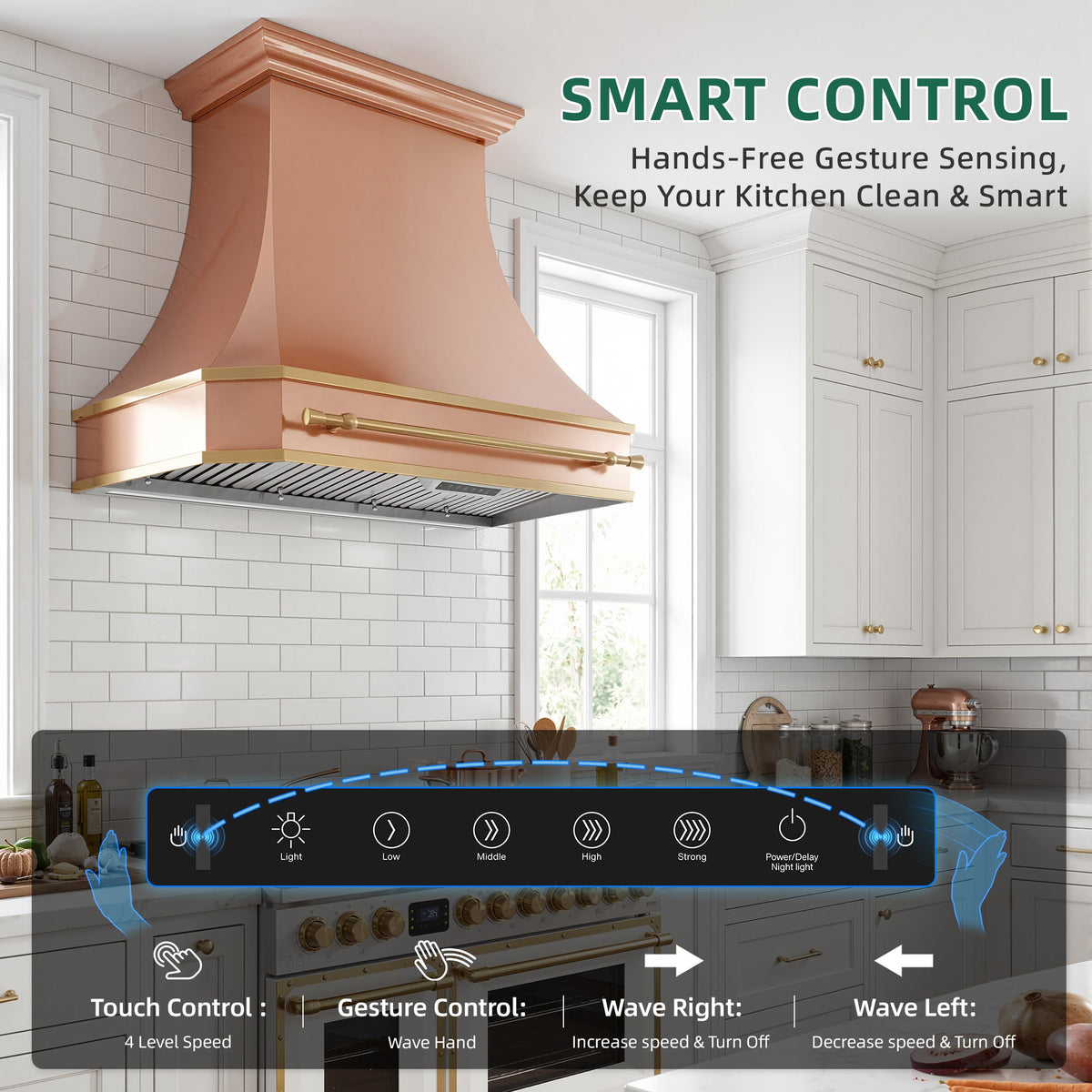 Nauxus 48" Built-In Range Hood Insert – 1200 CFM Stainless Steel Hood with Touch & Gesture Control, 3CCT LED & LED Night Lights