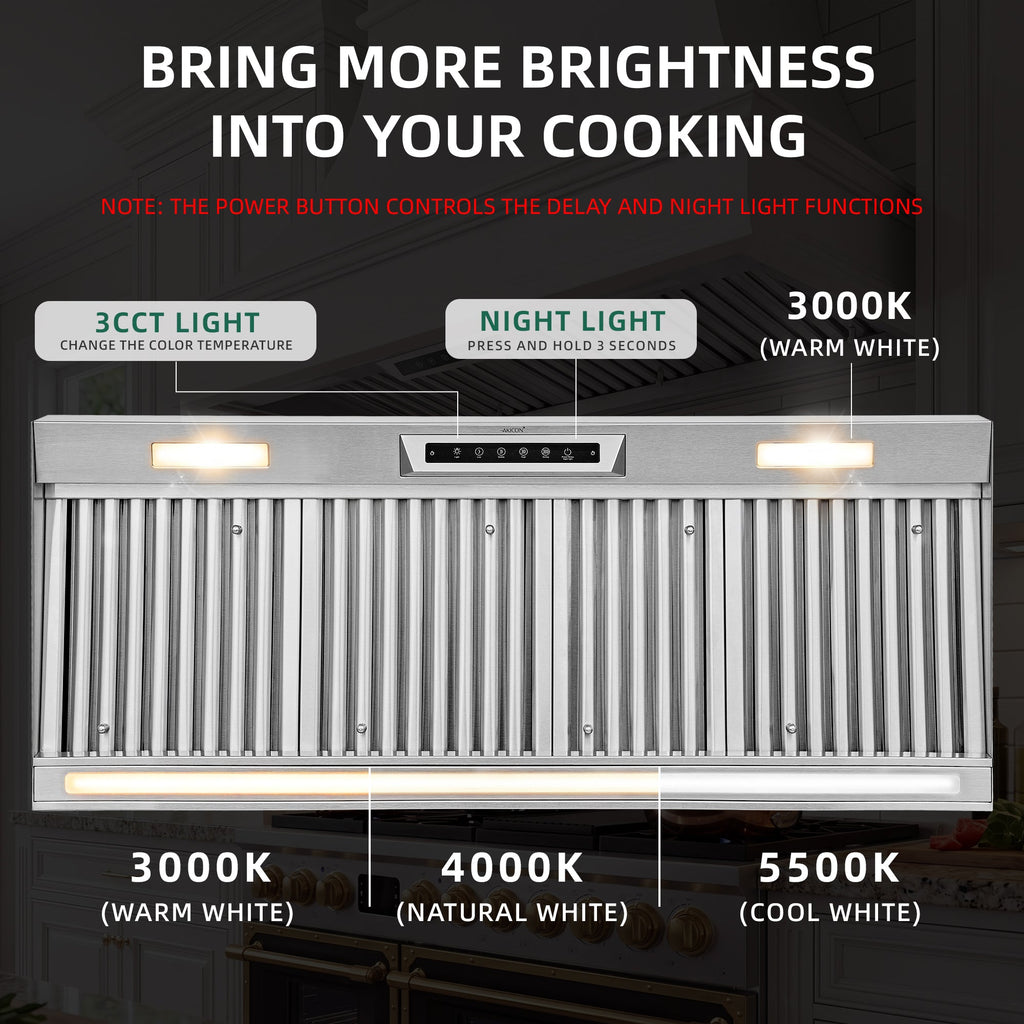 Nauxus 48" Built-In Range Hood Insert – 1200 CFM Stainless Steel Hood with Touch & Gesture Control, 3CCT LED & LED Night Lights