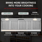 Nauxus 60" Built-In Range Hood Insert – 1200 CFM Stainless Steel Hood with Touch & Gesture Control, 3CCT LED & LED Night Lights