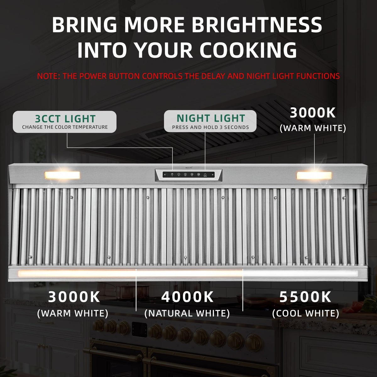 Nauxus 60" Built-In Range Hood Insert – 1200 CFM Stainless Steel Hood with Touch & Gesture Control, 3CCT LED & LED Night Lights