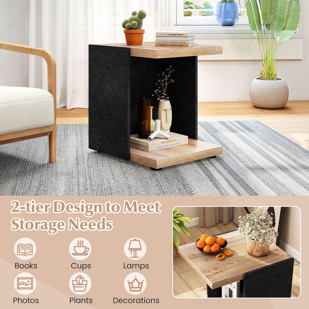 End Table 2-Tier Sofa Side Table with Open Storage Shelf-Oak