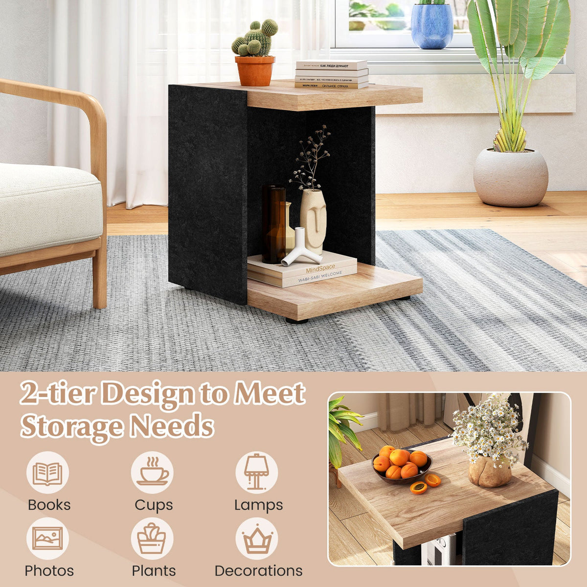 End Table 2-Tier Sofa Side Table with Open Storage Shelf-Oak