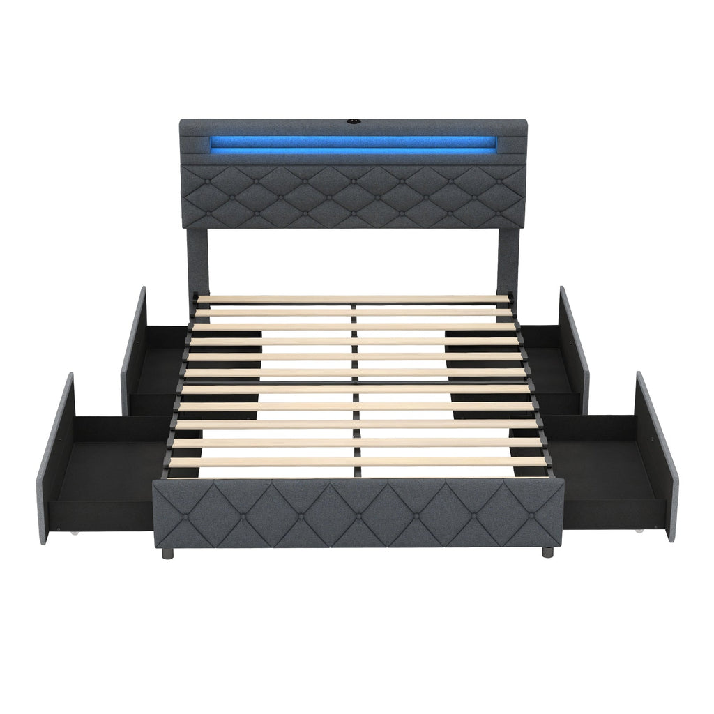 Full/Queen Size Bed Frame with Adjustable Storage Headboard and Wooden Slat Support