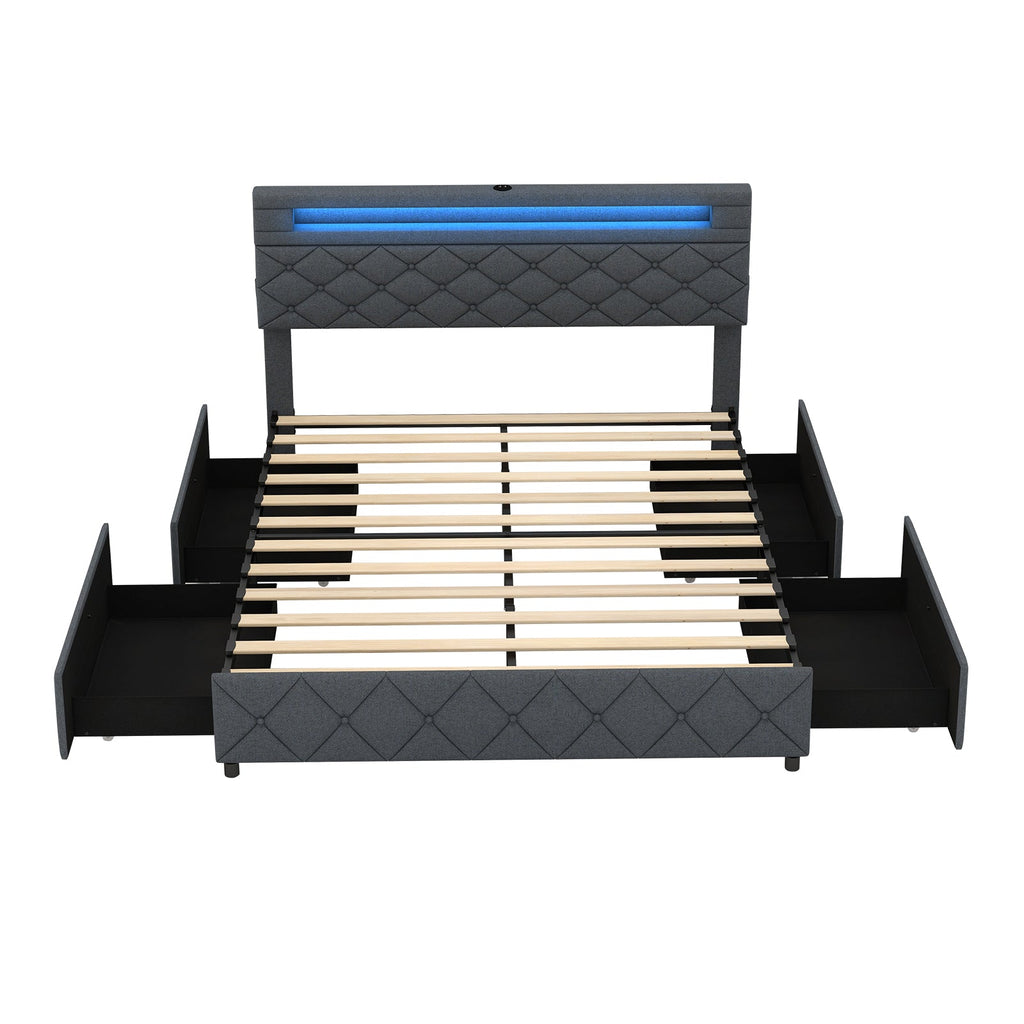 Full/Queen Size Bed Frame with Adjustable Storage Headboard and Wooden Slat Support