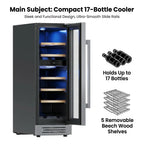 Wine Fridge Cooler 12 Inch Wine Fridge Hold 17 Bottles, Wine Refrigerator Glass Door Built-in Wine Storage Cabinet For Home Kitchen Bar