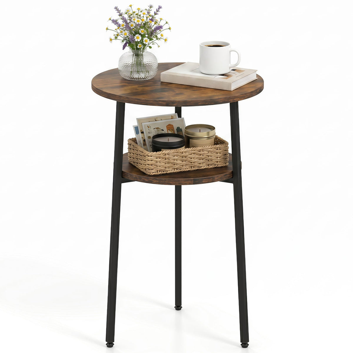 Round Side Table Set with Storage Shelf - Rustic Brown