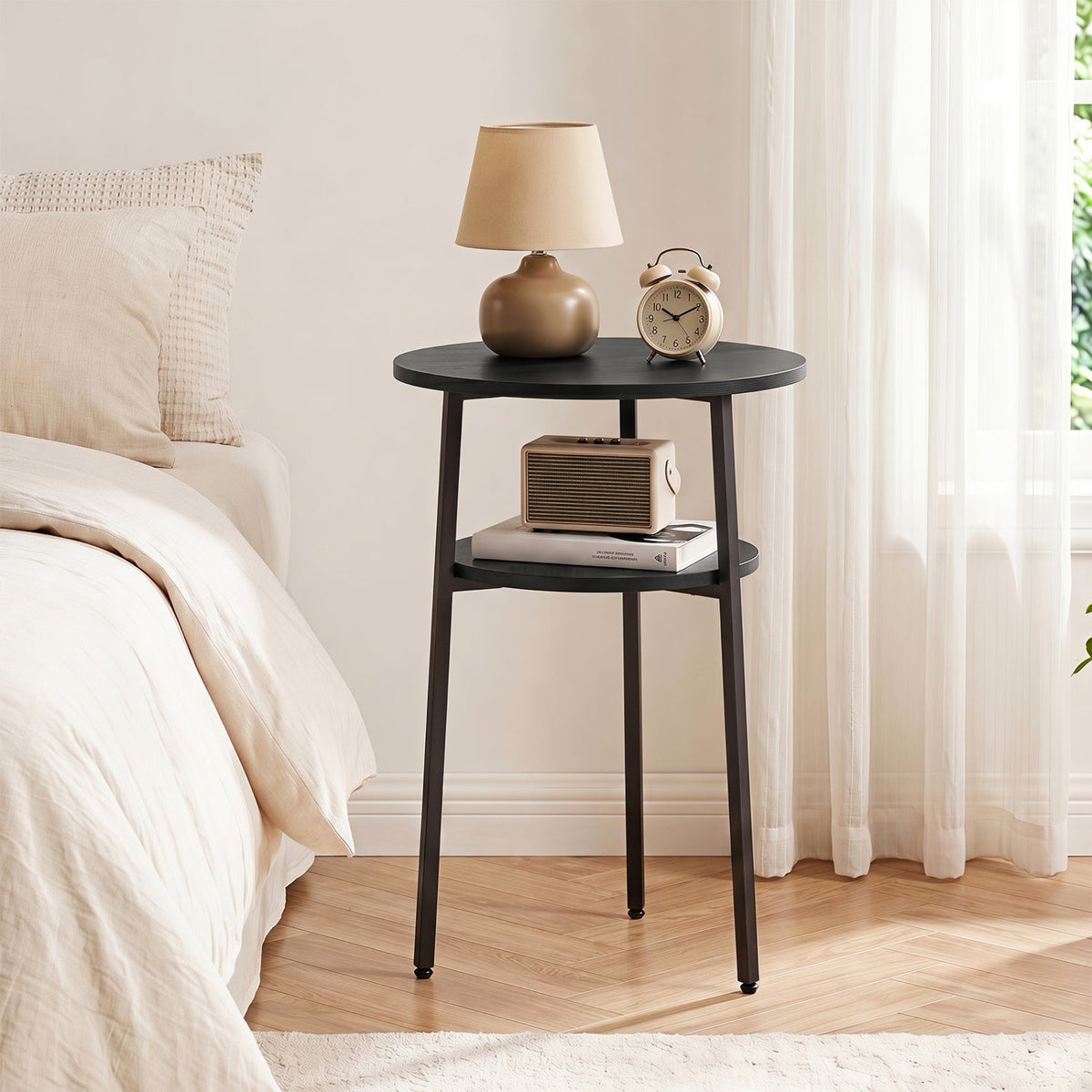 Round Side Table Set with Storage Shelf - Rustic Brown