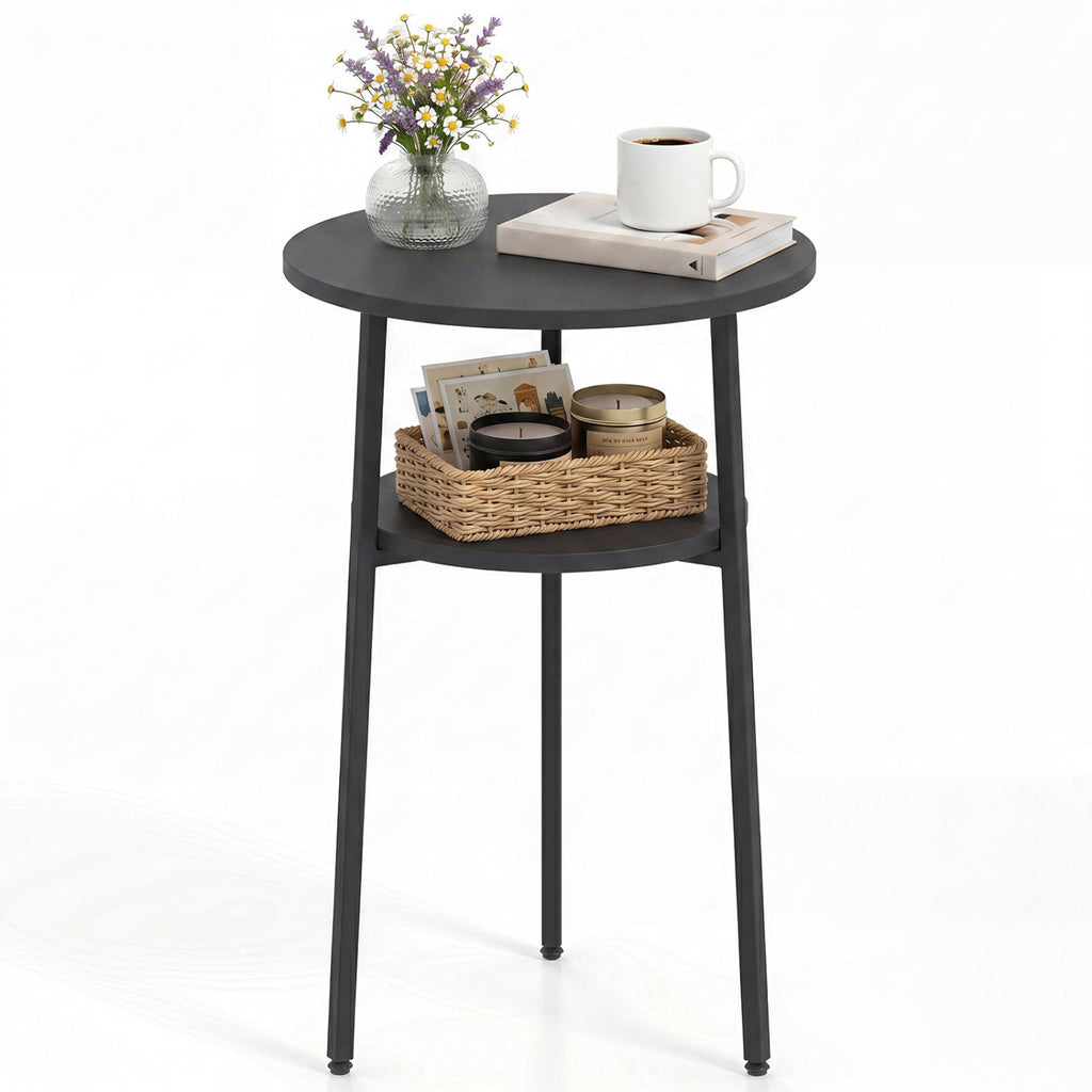 Round Side Table Set with Storage Shelf - Rustic Brown