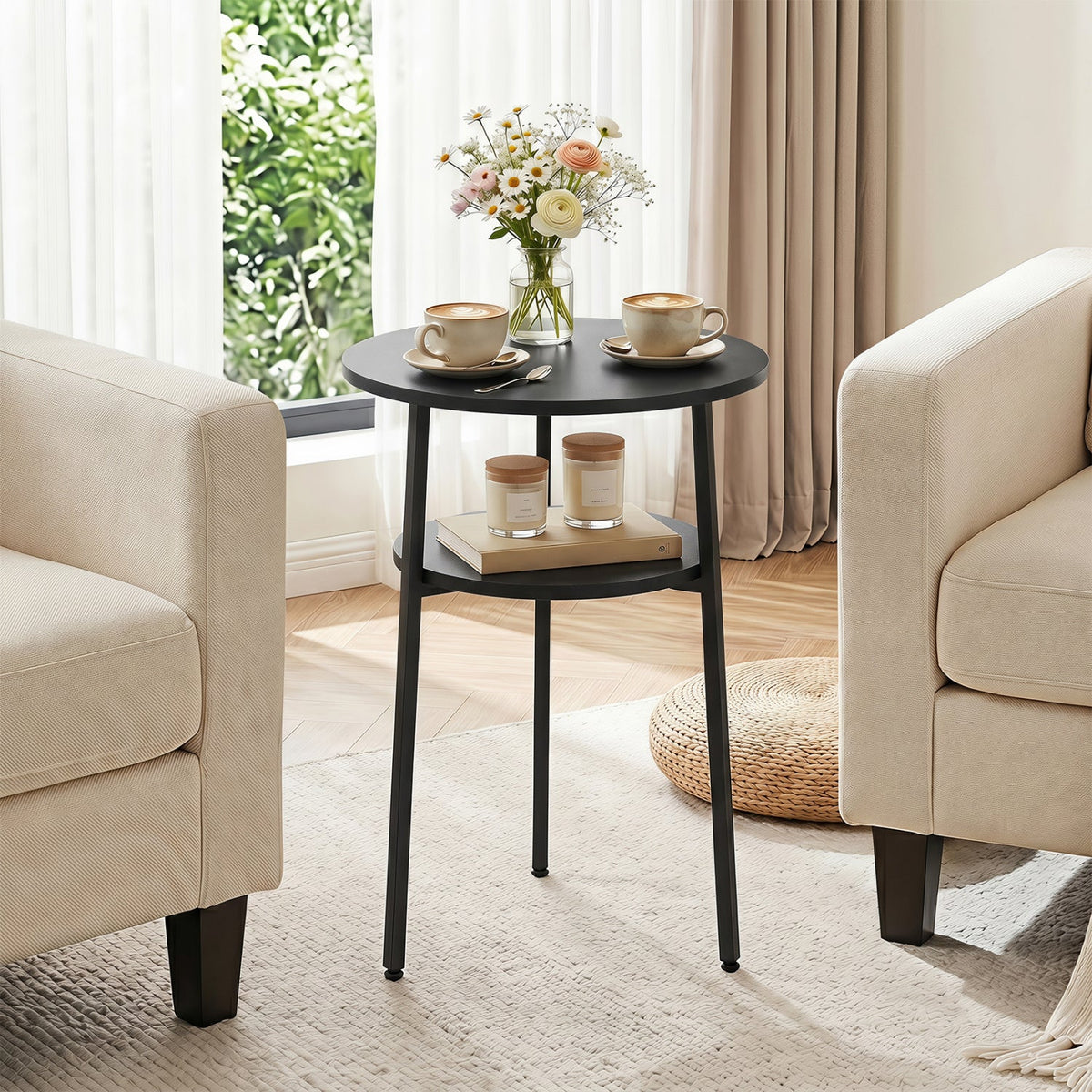 Round Side Table Set with Storage Shelf - Rustic Brown