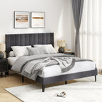 Velvet Upholstered Platform Bed with Height Adjustable Vertical Channel Headboard