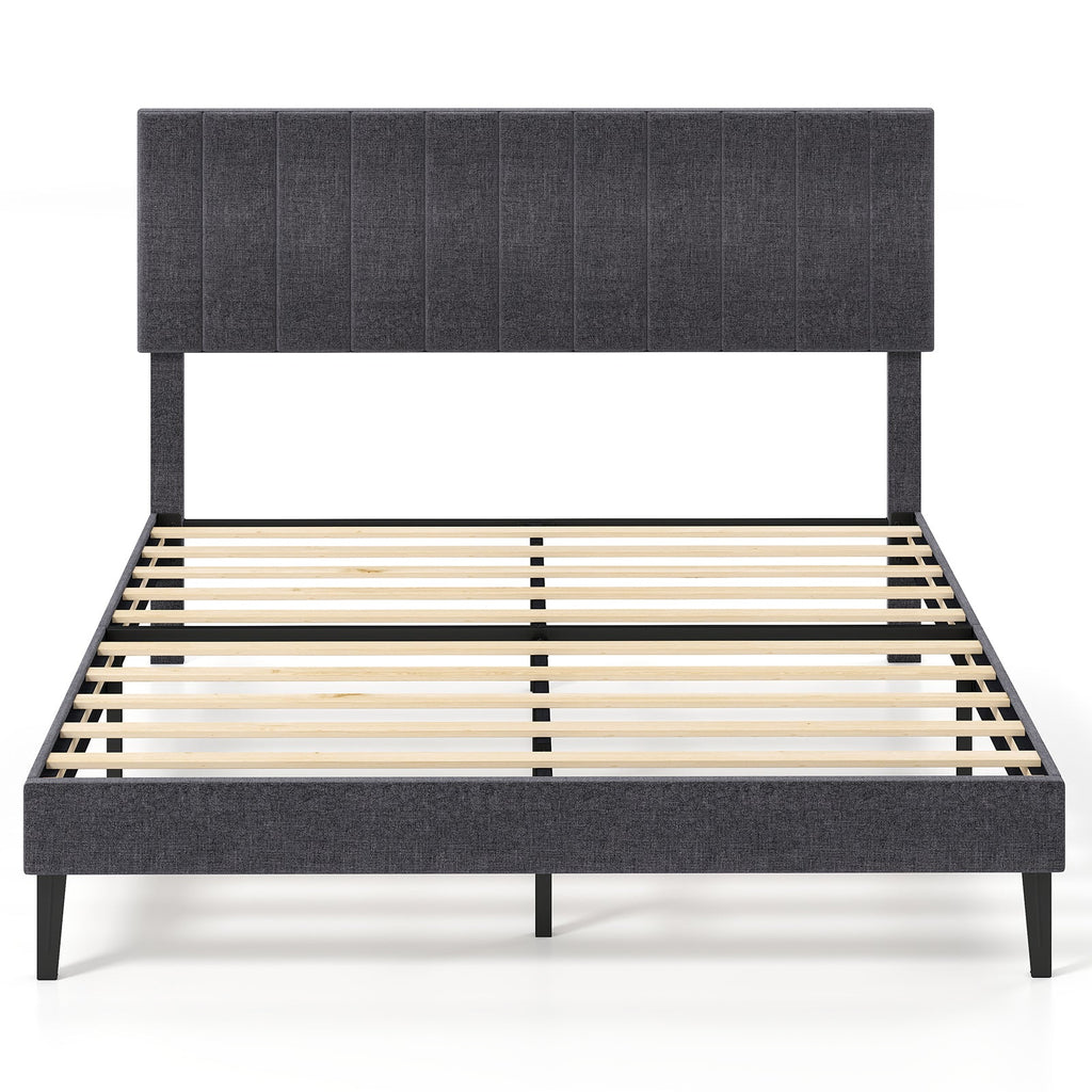 Velvet Upholstered Platform Bed with Height Adjustable Vertical Channel Headboard