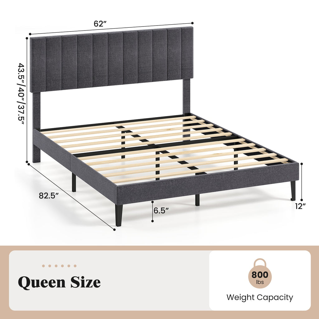 Velvet Upholstered Platform Bed with Height Adjustable Vertical Channel Headboard