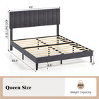Velvet Upholstered Platform Bed with Height Adjustable Vertical Channel Headboard