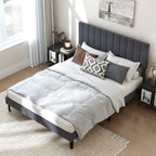 Velvet Upholstered Platform Bed with Height Adjustable Vertical Channel Headboard