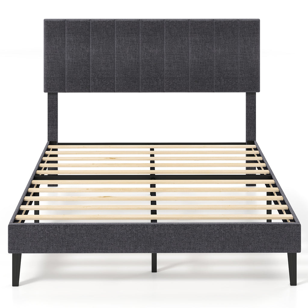 Velvet Upholstered Platform Bed with Height Adjustable Vertical Channel Headboard