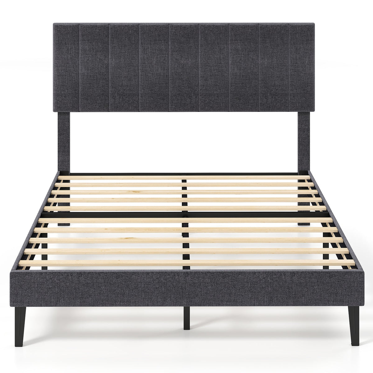 Velvet Upholstered Platform Bed with Height Adjustable Vertical Channel Headboard
