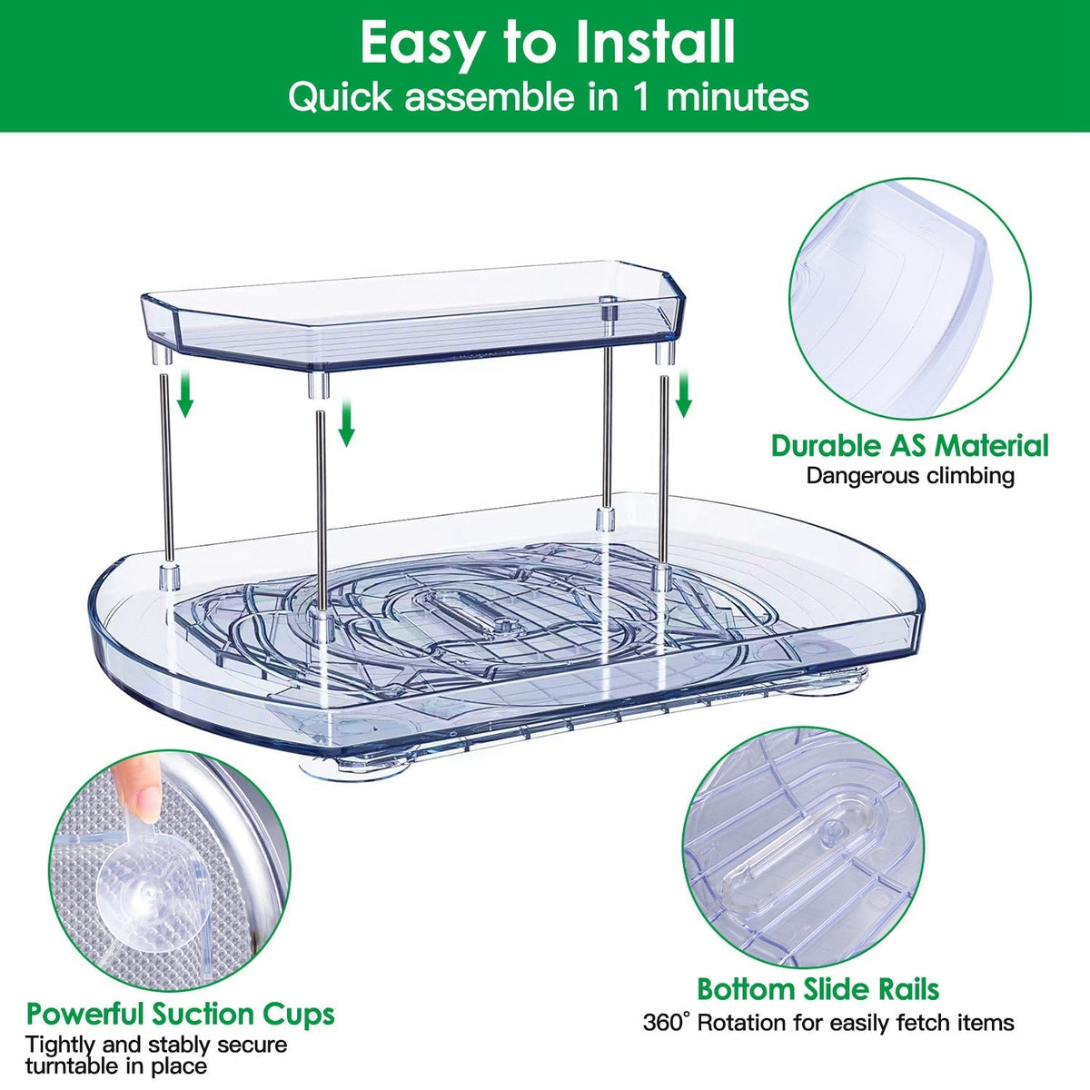 2 Tier Turntable Organizer Rectangular Refrigerator Spinner Storage Rack with 360¡ Rotatable Slide Rail for Kitchen Cabinet Countertop