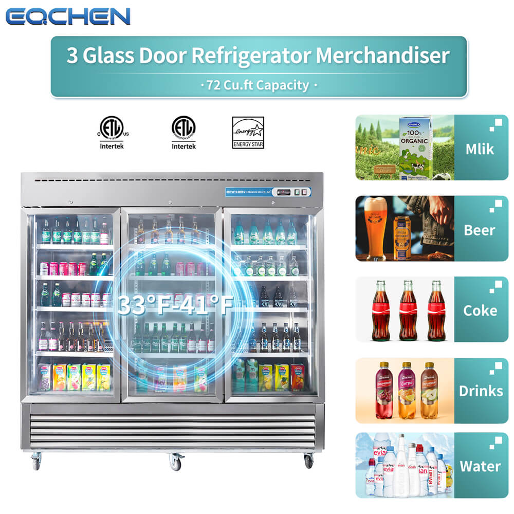 3 Door Commercial Display Refrigerator, EQCHEN 82 Inch Commercial Drinks Fridge