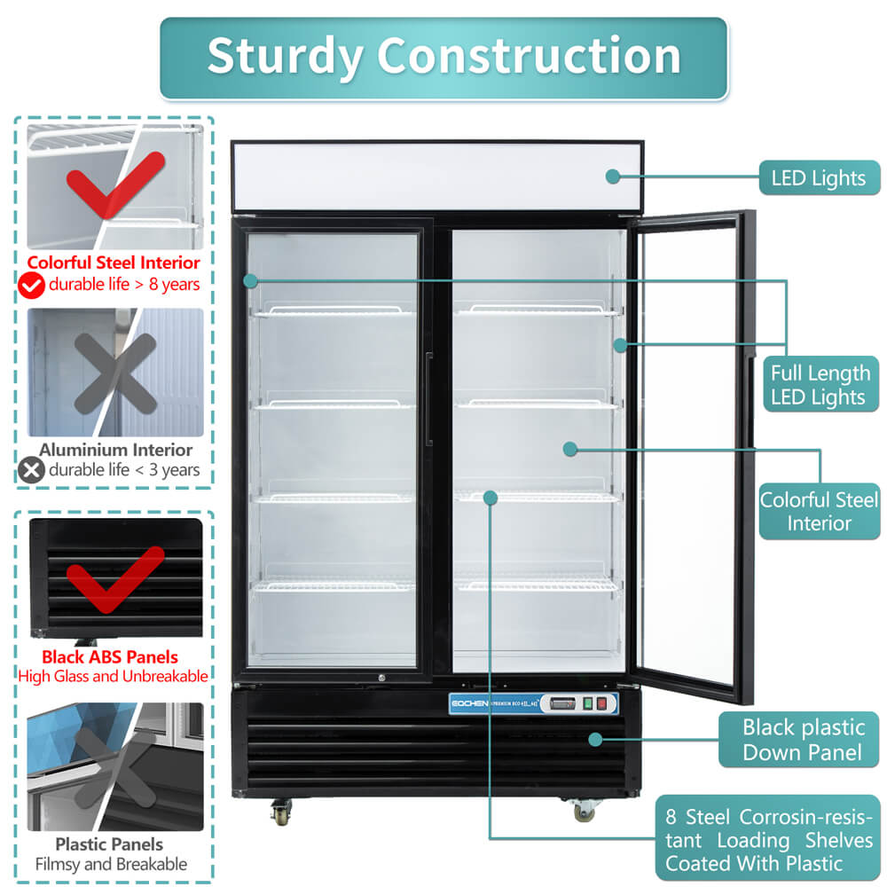 2 Door Commercial Display Refrigerator, EQCHEN 48 Inch Commercial Drinks Fridge