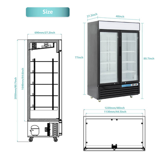 2 Door Commercial Display Refrigerator, EQCHEN 48 Inch Commercial Drinks Fridge